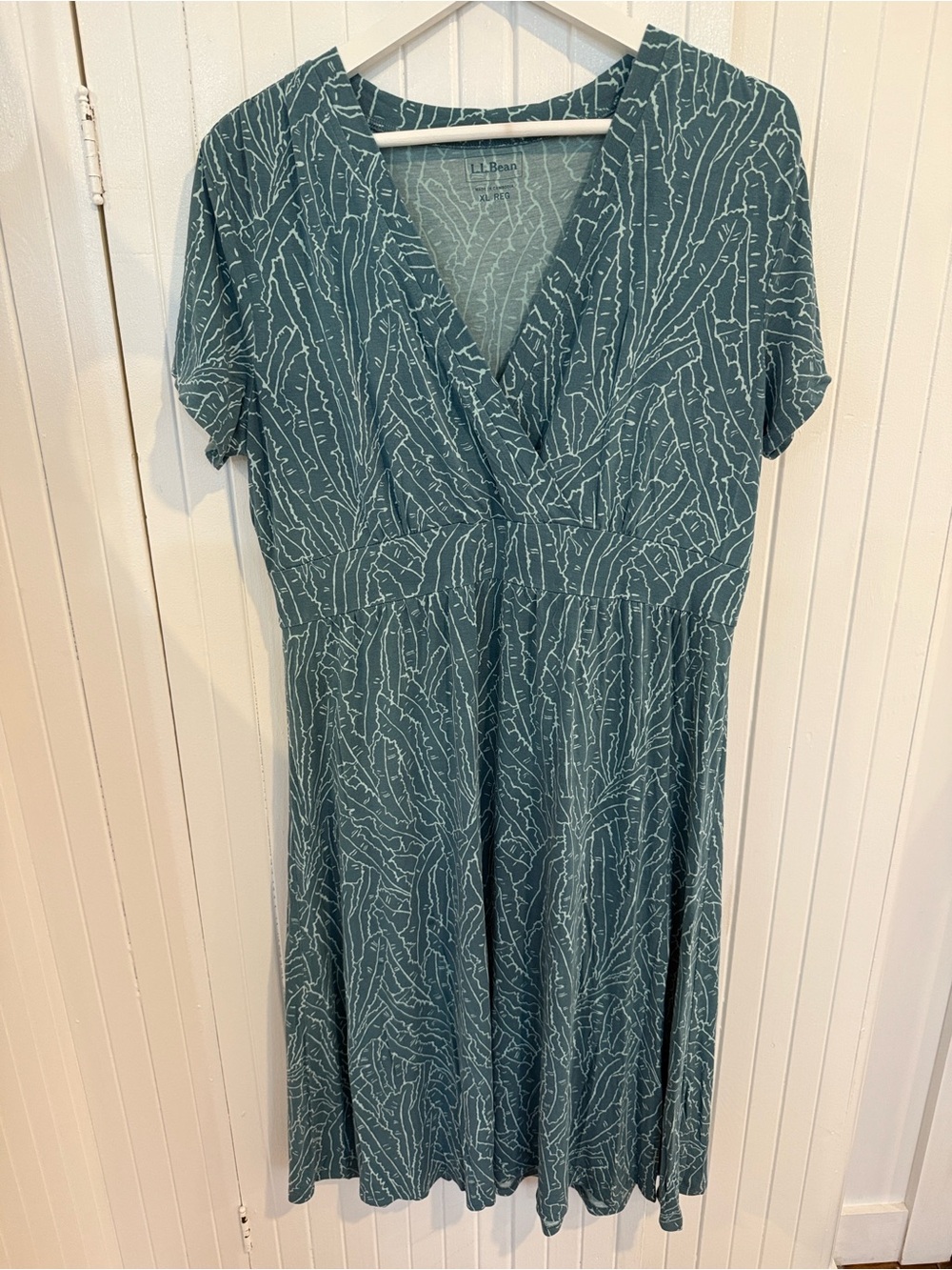 LLBean Summer Knit Dress Teal Print Short Sleeve Faux Wrap Dress, XL
